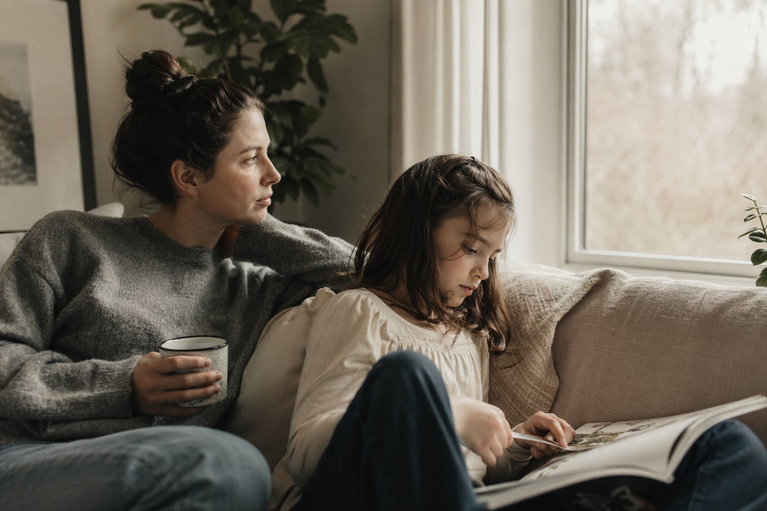 A parent and child sitting together in warm window light.
